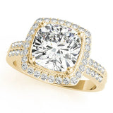 Yellow gold Cushion Diamond Double Halo Ring with Split Shank and Four-Prong Setting