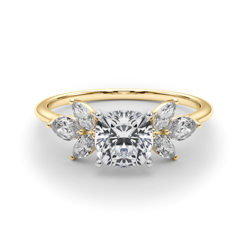 Yellow gold Cushion Diamond Floral Cluster Ring with Marquise Side Stones and Six-Prong Solitaire Setting 1
