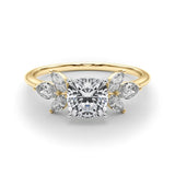 Yellow gold Cushion Diamond Floral Cluster Ring with Marquise Side Stones and Six-Prong Solitaire Setting 1