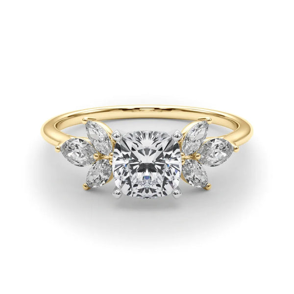 Yellow gold Cushion Diamond Floral Cluster Ring with Marquise Side Stones and Six-Prong Solitaire Setting