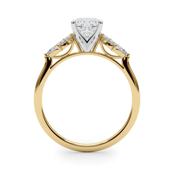 Yellow gold Cushion Diamond Floral Cluster Ring with Marquise Side Stones and Six-Prong Solitaire Setting
