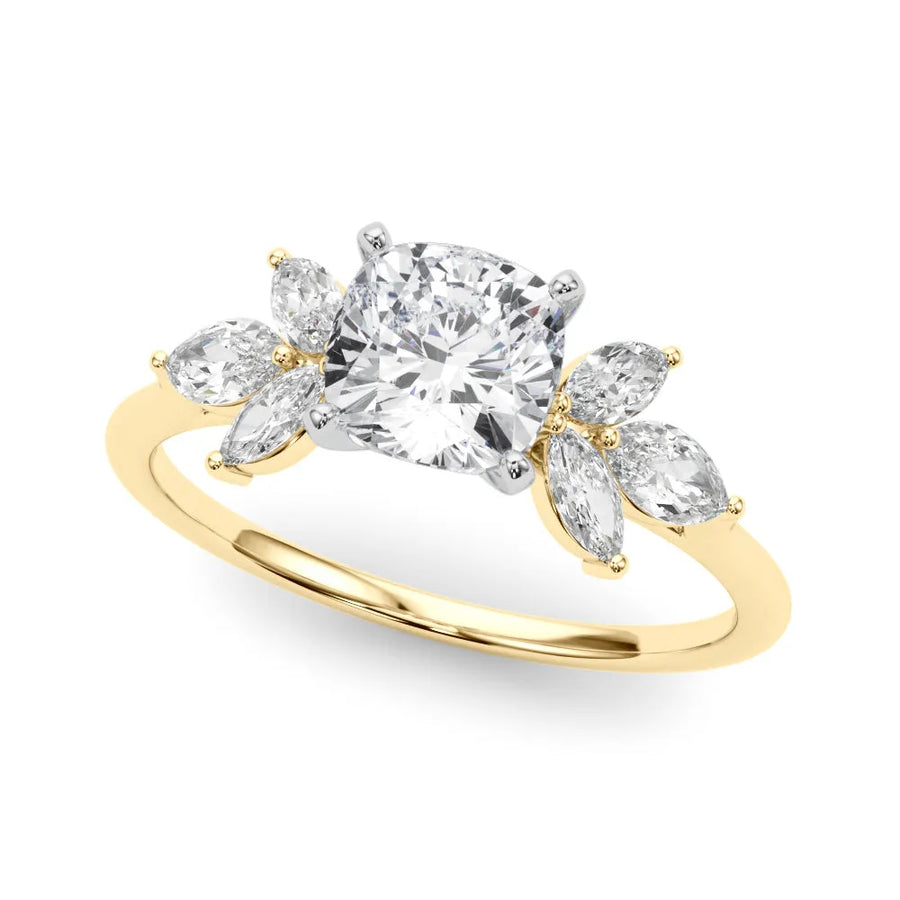 Yellow gold Cushion Diamond Floral Cluster Ring with Marquise Side Stones and Six-Prong Solitaire Setting
