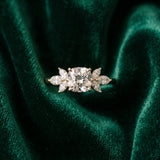 Yellow gold Cushion Diamond Floral Cluster Ring with Marquise Side Stones and Six-Prong Solitaire Setting_10
