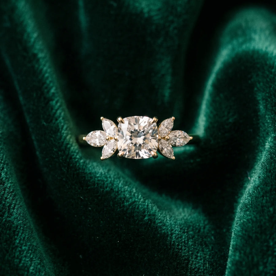 Yellow gold Cushion Diamond Floral Cluster Ring with Marquise Side Stones and Six-Prong Solitaire Setting