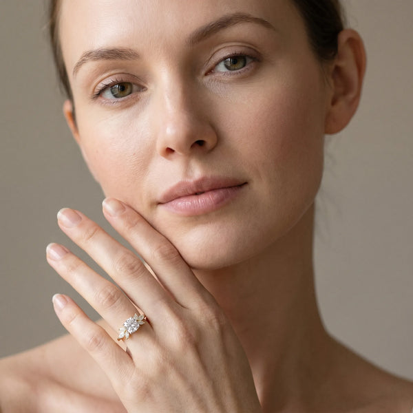 Yellow gold Cushion Diamond Floral Cluster Ring with Marquise Side Stones and Six-Prong Solitaire Setting