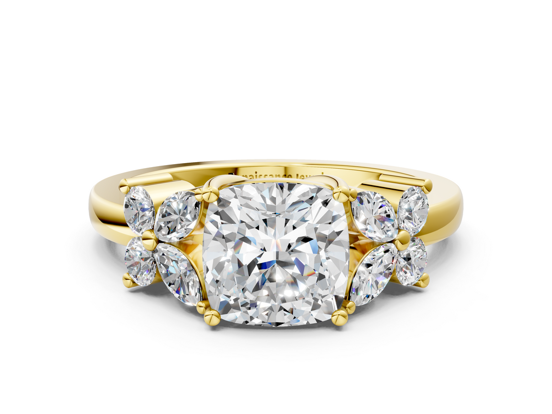 Yellow gold Cushion Diamond Floral Cluster Ring with Solitaire Band and Prong Setting_58