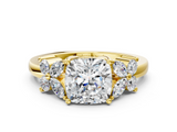 Yellow gold Cushion Diamond Floral Cluster Ring with Solitaire Band and Prong Setting_58