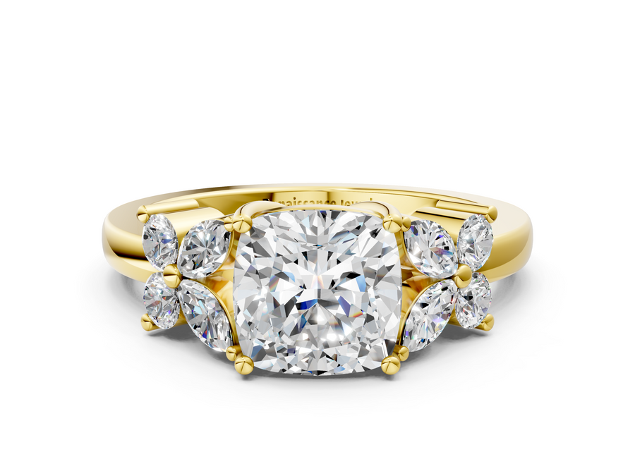 Yellow gold Cushion Diamond Floral Cluster Ring with Solitaire Band and Prong Setting