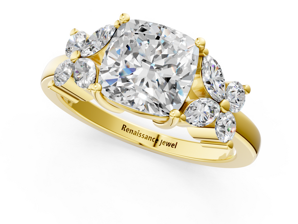 Yellow gold Cushion Diamond Floral Cluster Ring with Solitaire Band and Prong Setting