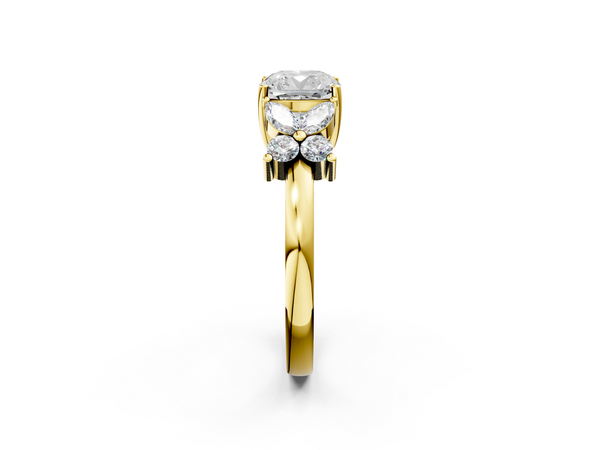 Yellow gold Cushion Diamond Floral Cluster Ring with Solitaire Band and Prong Setting