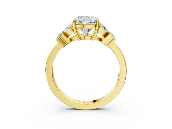 Yellow gold Cushion Diamond Floral Cluster Ring with Solitaire Band and Prong Setting