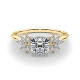 Yellow gold Cushion Diamond Floral Side Stone Solitaire with Marquise Accents and Four-Prong Setting 1