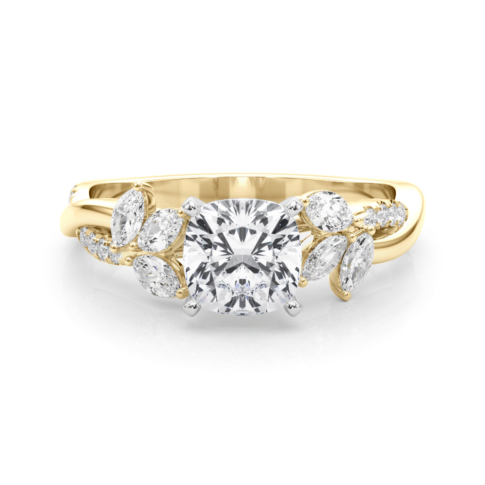 Yellow gold Cushion Diamond Floral Vine Solitaire Engagement Ring 1