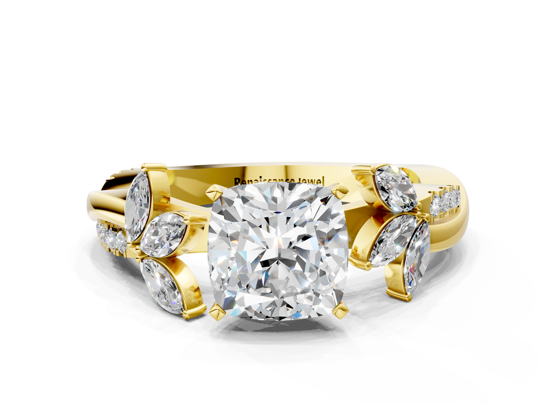 Yellow gold Cushion Diamond Floral Vine Solitaire Engagement Ring_25