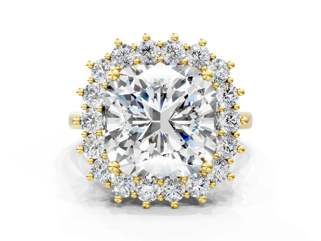Yellow gold Cushion Diamond Halo Engagement Ring with Round Diamond Accents