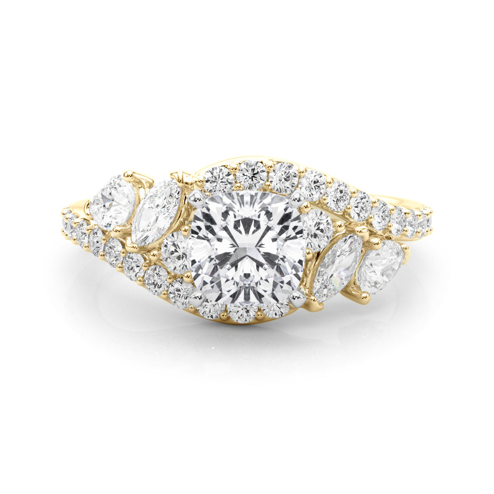 Yellow gold Cushion Diamond Halo Ring with Marquise and Pavé Band in Prong Setting 1