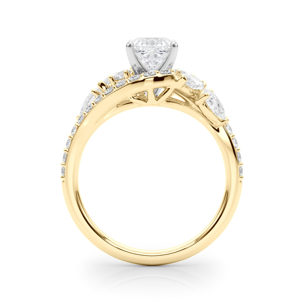 Yellow gold Cushion Diamond Halo Ring with Marquise and Pavé Band in Prong Setting 2