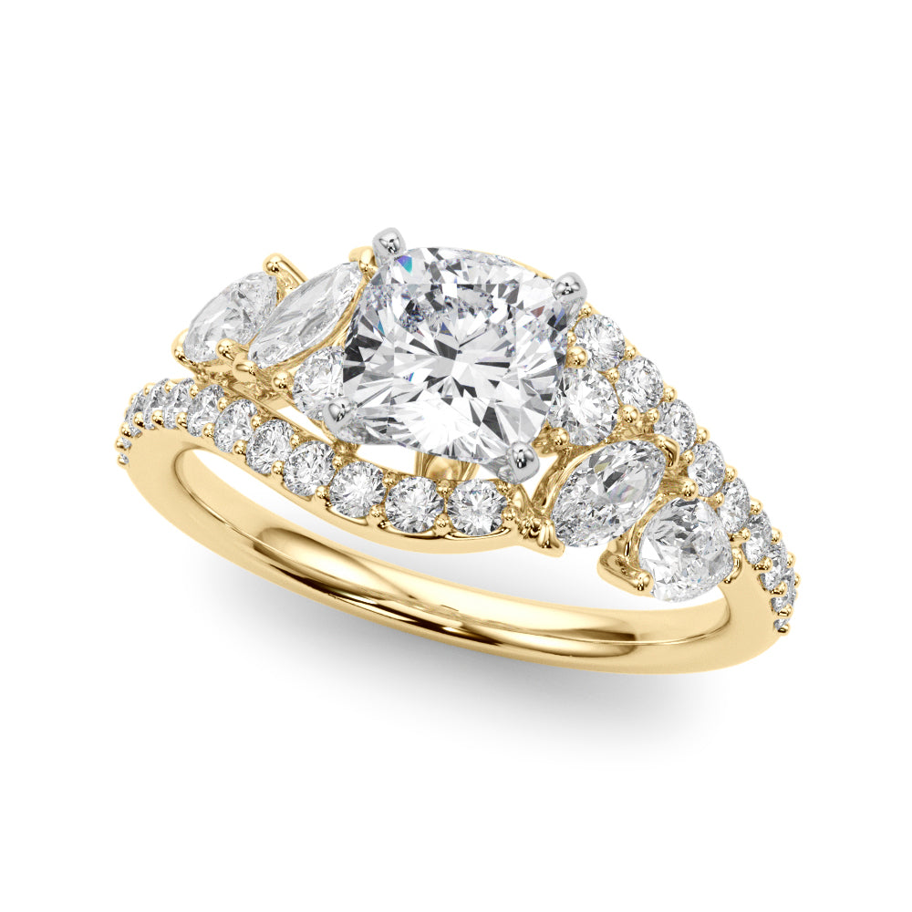 Yellow gold Cushion Diamond Halo Ring with Marquise and Pavé Band in Prong Setting