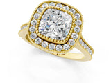 Yellow gold Cushion Diamond Halo Ring with Milgrain Frame and Pavé Band 1