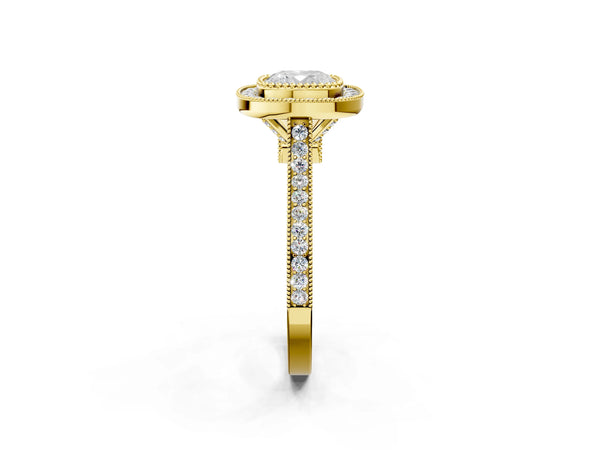 Yellow gold Cushion Diamond Halo Ring with Milgrain Frame and Pavé Band