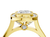 Yellow gold Cushion Diamond Halo Ring with Milgrain Frame and Pavé Band 4