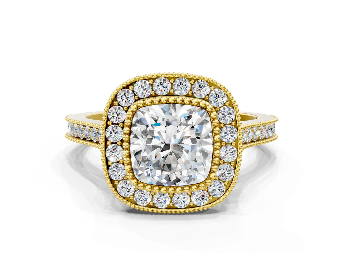 Yellow gold Cushion Diamond Halo Ring with Milgrain Frame and Pavé Band