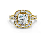 Yellow gold Cushion Diamond Halo Ring with Milgrain Frame and Pavé Band