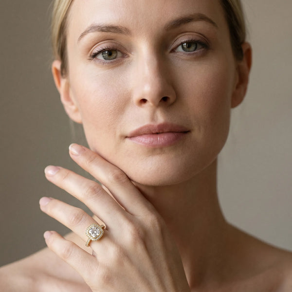 Yellow gold Cushion Diamond Halo Ring with Milgrain Frame and Pavé Band