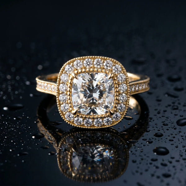 Yellow gold Cushion Diamond Halo Ring with Milgrain Frame and Pavé Band