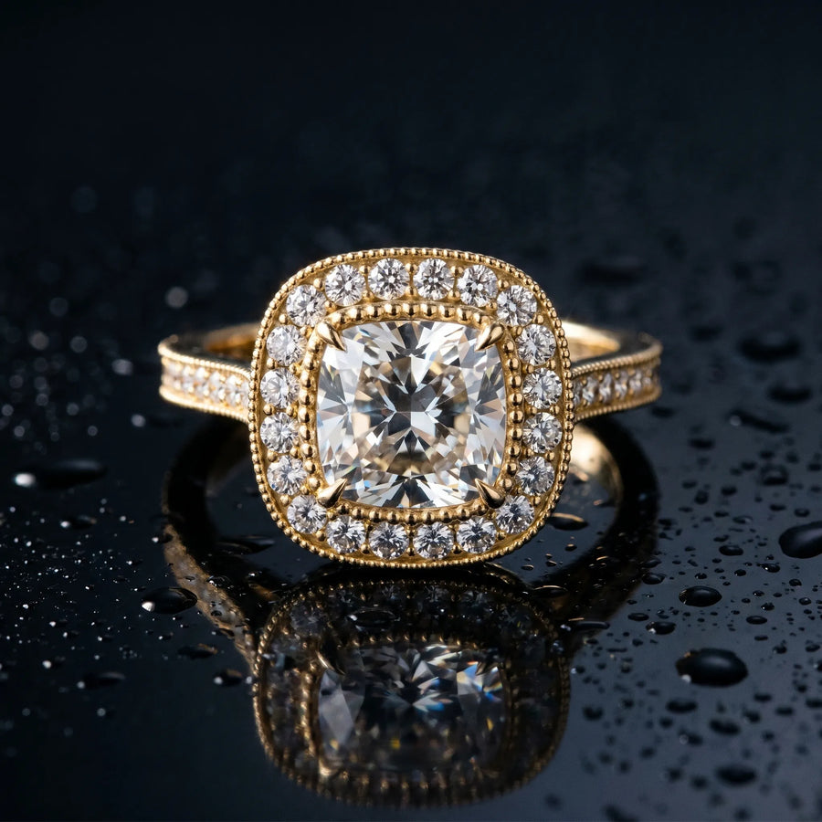 Yellow gold Cushion Diamond Halo Ring with Milgrain Frame and Pavé Band