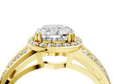 Yellow gold Cushion Diamond Halo Ring with Split Shank Pavé Band and Four-Prong Setting_10