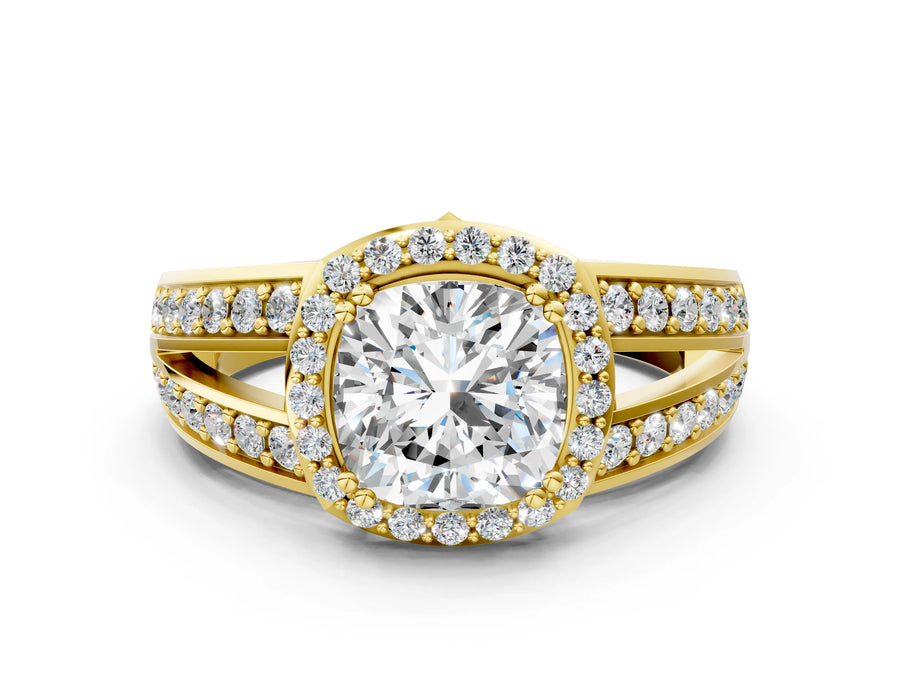 Yellow gold Cushion Diamond Halo Ring with Split Shank Pavé Band and Four-Prong Setting