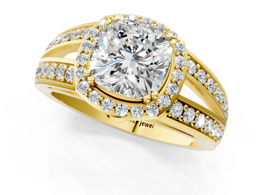 Yellow gold Cushion Diamond Halo Ring with Split Shank Pavé Band and Four-Prong Setting