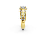 Yellow gold Cushion Diamond Halo Ring with Split Shank Pavé Band and Four-Prong Setting_8