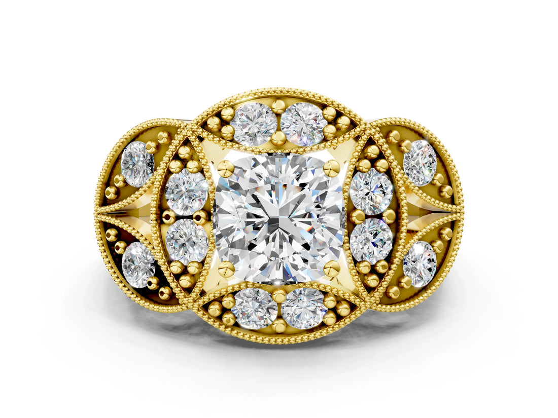 Yellow gold Cushion Diamond Milgrain Marquise Filigree Engagement Ring with Prong Setting_6