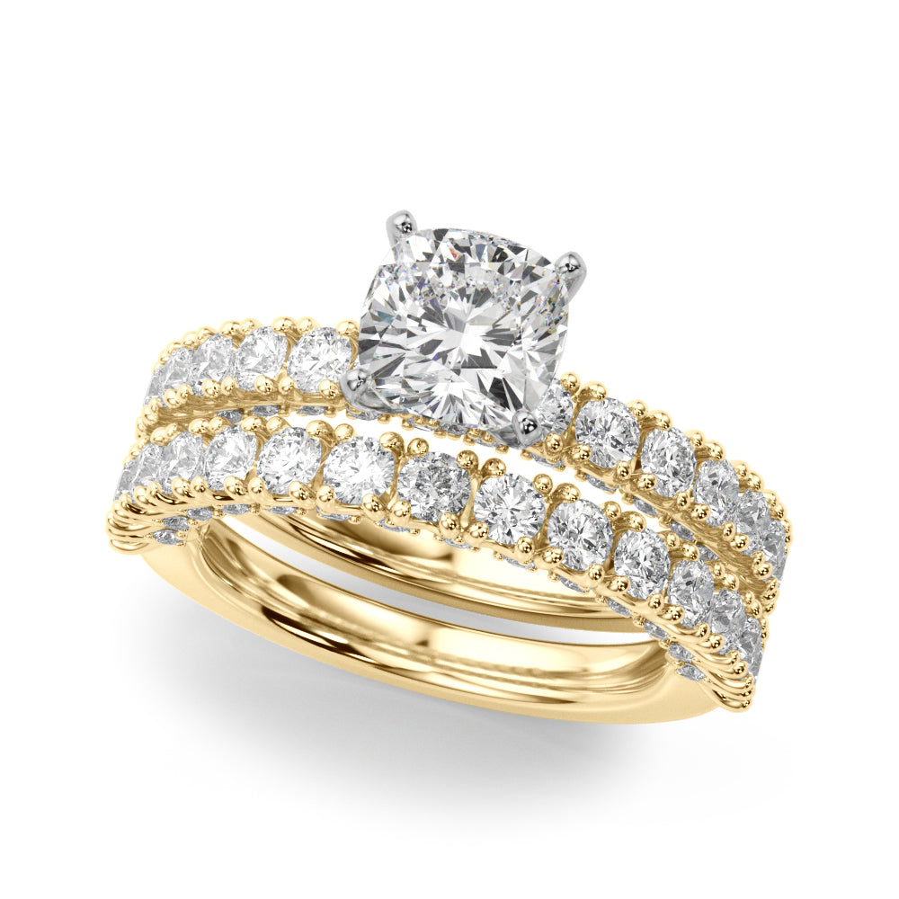 Yellow gold Cushion Diamond Pavé Band Solitaire Ring with Four-Prong Setting 1