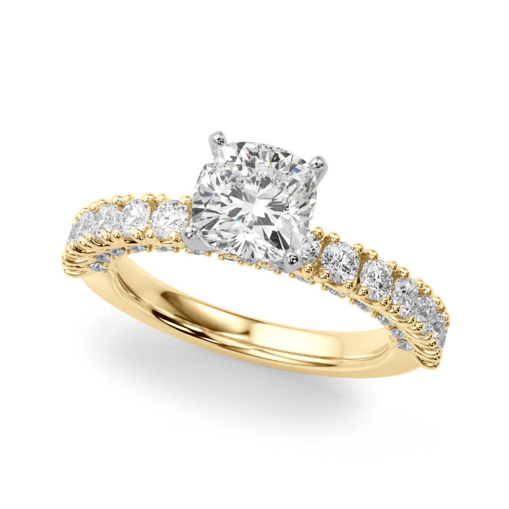 Yellow gold Cushion Diamond Pavé Band Solitaire Ring with Four-Prong Setting