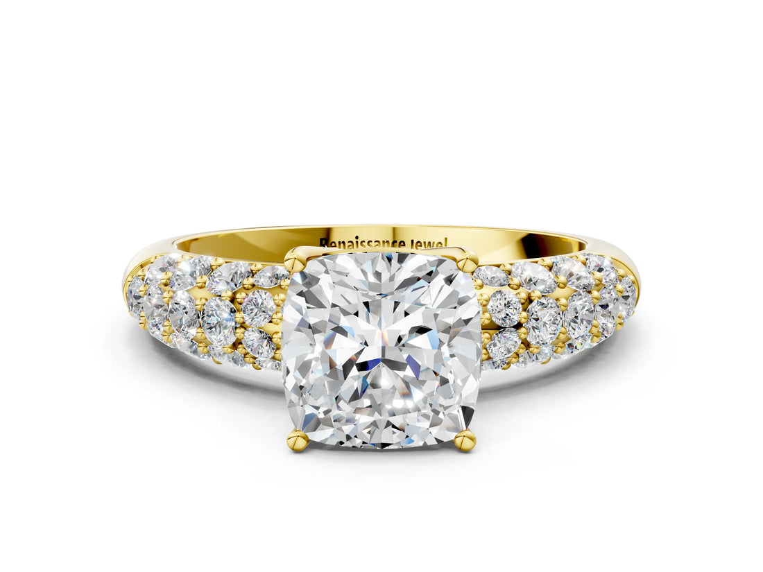 Yellow gold Cushion Diamond Pavé Band Solitaire Ring with Four-Prong Setting_49