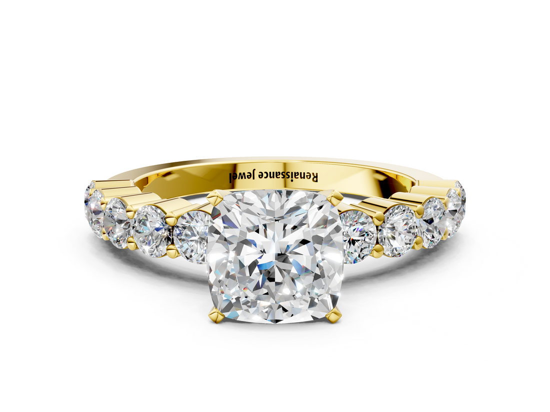 Yellow gold Cushion Diamond Pavé Band Solitaire with Four-Prong Setting_16