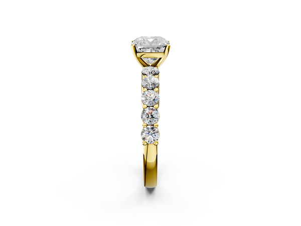 Yellow gold Cushion Diamond Solitaire Ring with Shared Prong Round Side Stones