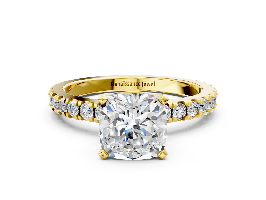 Yellow gold Cushion Diamond Pavé Band Solitaire with Four-Prong Setting_180