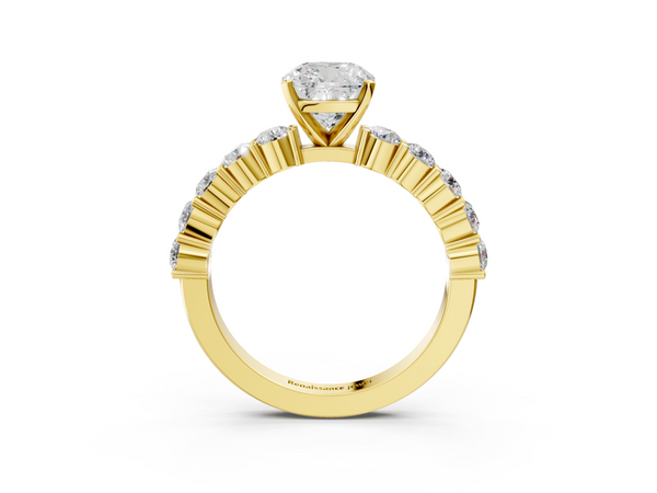 Yellow gold Cushion Diamond Solitaire Ring with Shared Prong Round Side Stones
