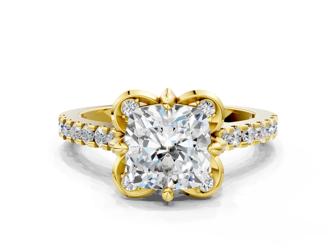 Yellow gold Cushion Diamond Pave Band with Floral Prong Setting_27
