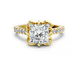 Yellow gold Cushion Diamond Pave Band with Floral Prong Setting_27