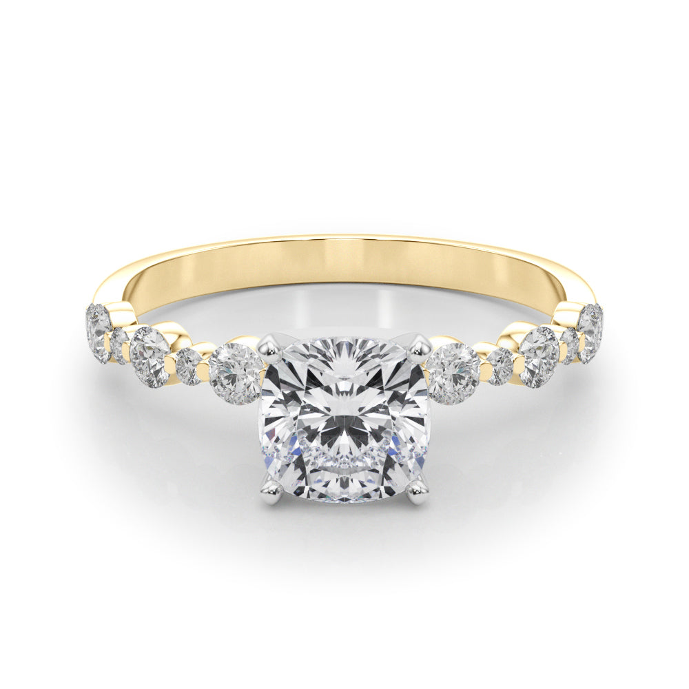 Yellow gold Cushion Diamond Prong Set Engagement Ring with Pave Band 1
