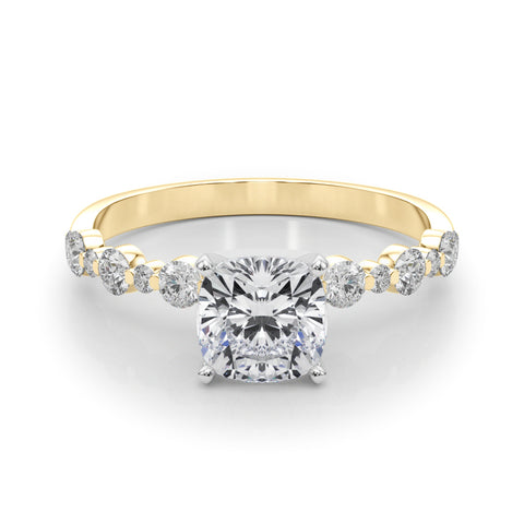 Yellow gold Cushion Diamond Prong Set Engagement Ring with Pave Band 1