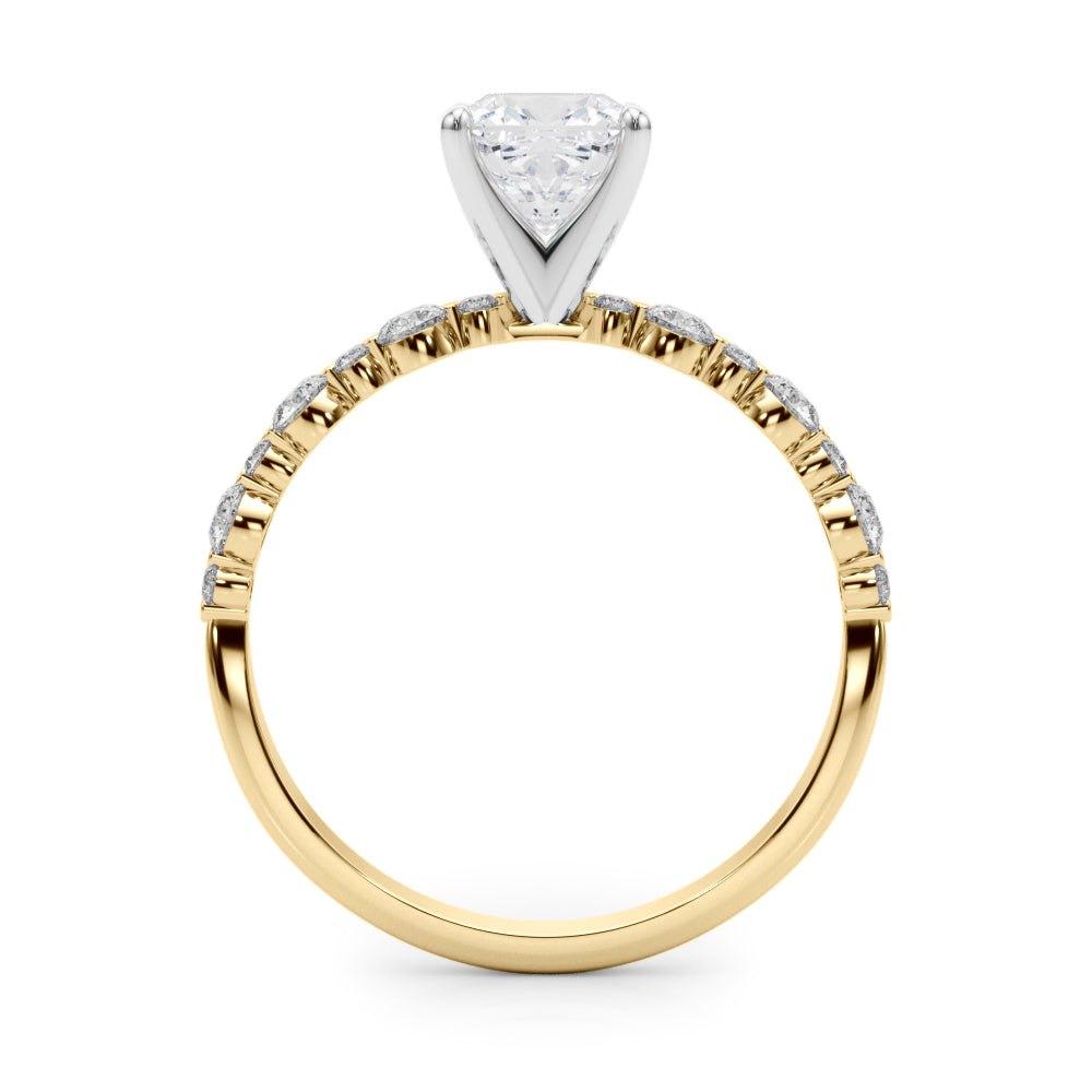 Yellow gold Cushion Diamond Prong Set Engagement Ring with Pave Band 2