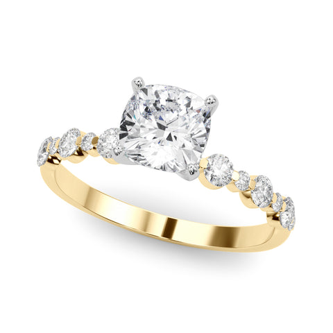 Yellow gold Cushion Diamond Prong Set Engagement Ring with Pave Band