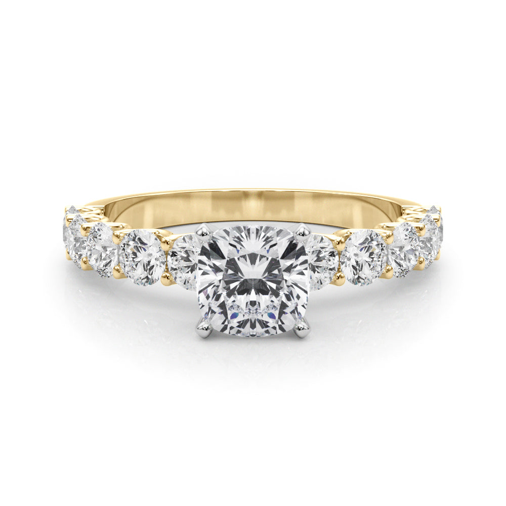 Yellow gold Cushion Diamond Prong Setting with Side Stones on a Pave Band 1
