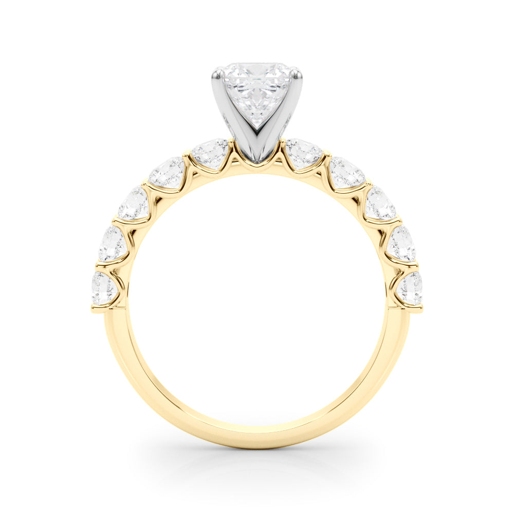 Yellow gold Cushion Diamond Prong Setting with Side Stones on a Pave Band 2
